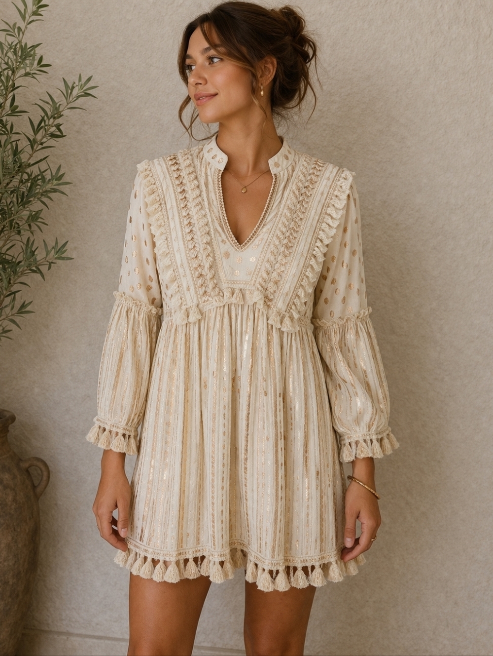 BUBY.S Bohemian Tassel Copper Metallic Striped Polka Dot Coastal Festival Tunic